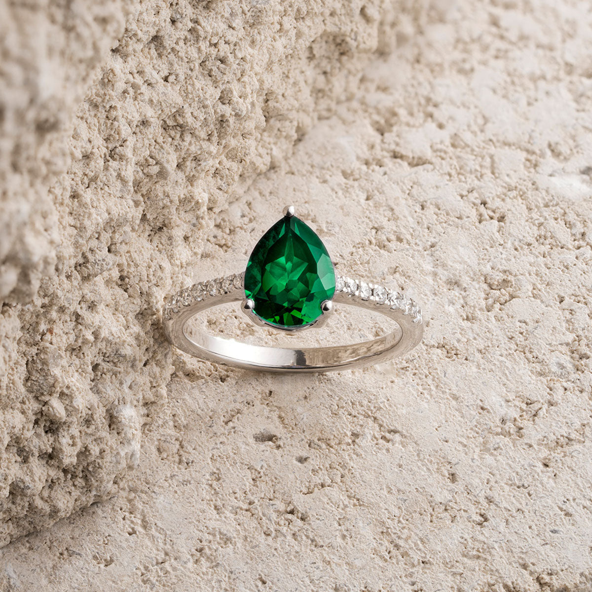 Astra 2.30ct Lab Emerald and Diamond Shoulder Set Pear Cut Ring in Silver